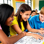 A vibrant classroom scene depicting students engaged in a project-based assessment. Show diverse students collaborating enthusiastically on a model or presentation, incorporating elements of real-world problem-solving. The atmosphere should be dynamic and showcase teamwork, creativity, and practical skill development.