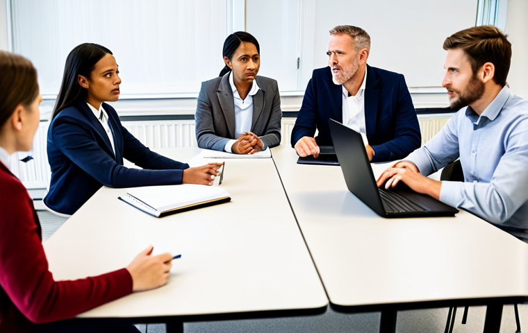 **

A diverse group of teachers in a brightly lit, modern school staff room, engaged in an open discussion around a table. Some are gesturing thoughtfully, others are listening intently. Laptops and notebooks are scattered on the table.  Focus on collaboration and active listening. Everyone is fully clothed in professional attire. safe for work, appropriate content, family-friendly, perfect anatomy, natural proportions, well-formed hands, professional, modest clothing.

**