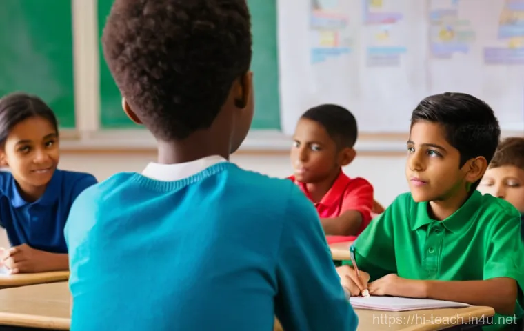 교사 학급 구성원 관계 관리 - **Prompt:** A warm, inviting classroom scene. A kind and empathetic female teacher, in her 30s, is s...