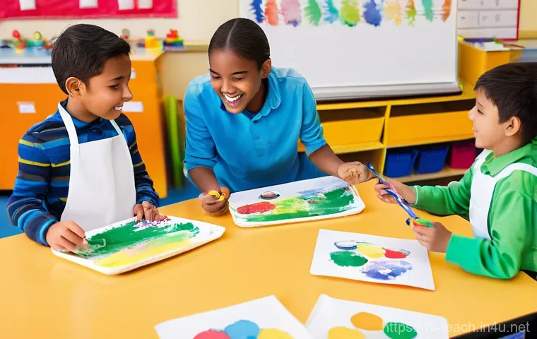 교사 학급 구성원 관계 관리 - **Prompt:** A warm, inviting classroom scene. A kind and empathetic female teacher, in her 30s, is s...