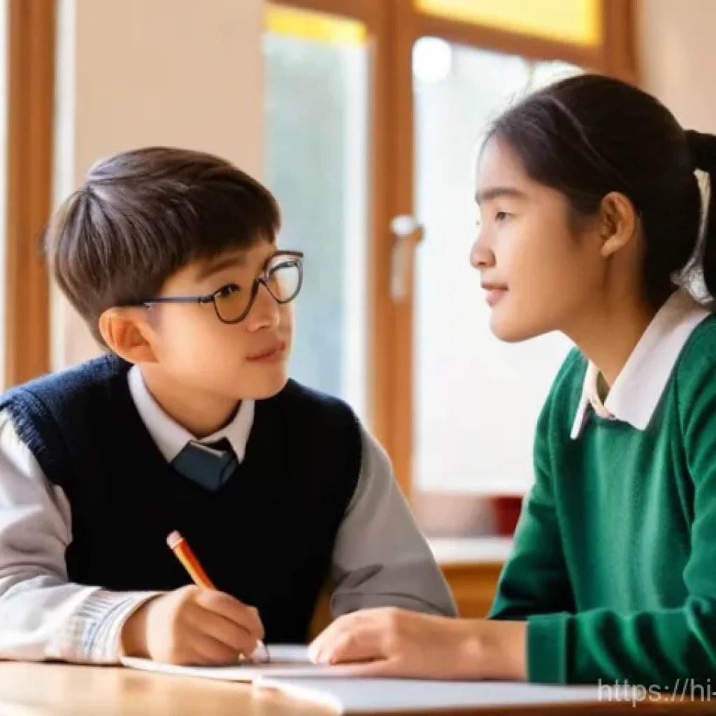 교사 학생 감정 지원 사례 - **Prompt:** A heartwarming scene depicting a kind female teacher and a young male student (around 8-...