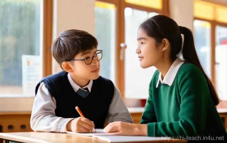 교사 학생 감정 지원 사례 - **Prompt:** A heartwarming scene depicting a kind female teacher and a young male student (around 8-...