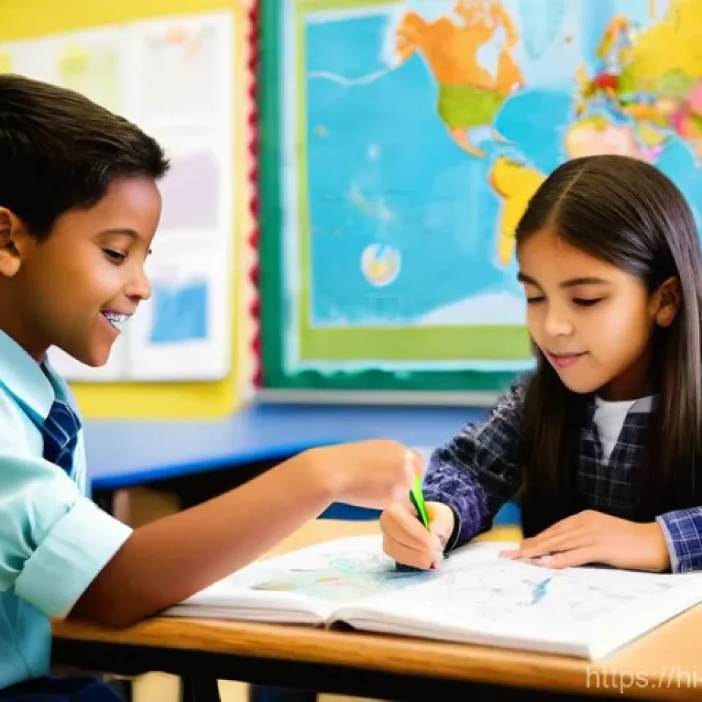 교사 교육 심리학 활용 사례 - **Prompt:** A diverse group of elementary school students (ages 7-10) in a brightly lit, modern clas...