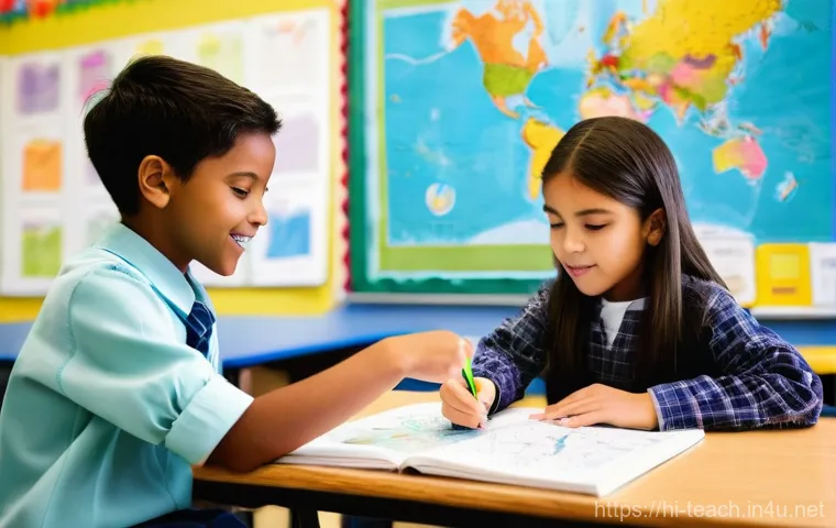 교사 교육 심리학 활용 사례 - **Prompt:** A diverse group of elementary school students (ages 7-10) in a brightly lit, modern clas...