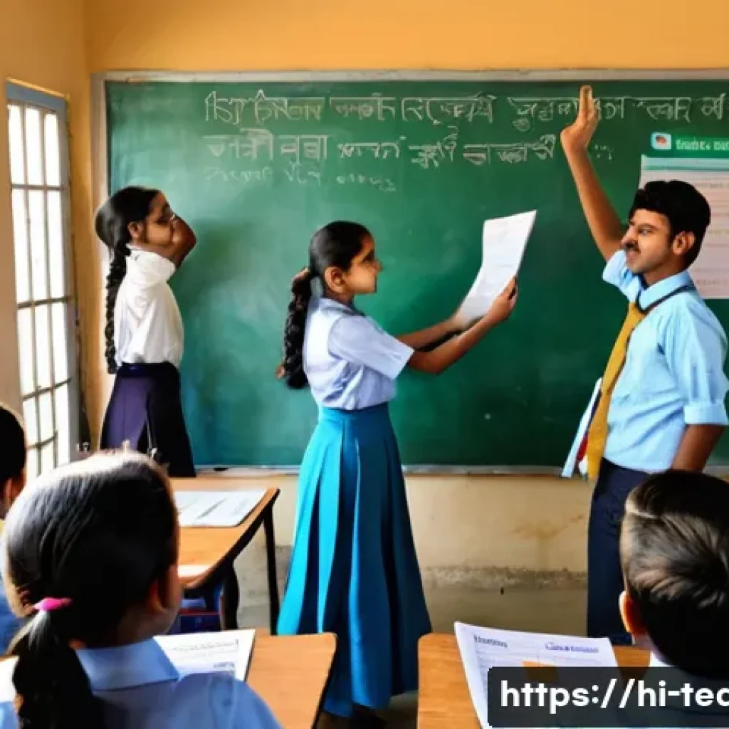 교사 미디어 리터러시 교육 - A vibrant classroom scene in India with a diverse group of Hindi-speaking teachers and students acti...