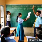 교사 미디어 리터러시 교육 - A vibrant classroom scene in India with a diverse group of Hindi-speaking teachers and students acti...