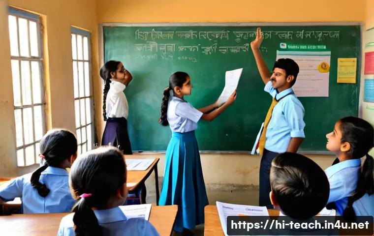 교사 미디어 리터러시 교육 - A vibrant classroom scene in India with a diverse group of Hindi-speaking teachers and students acti...