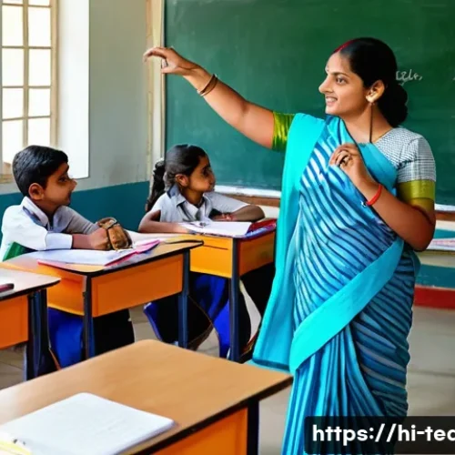 교사 직무 연수 후기 - A vibrant modern classroom scene in India with a Hindi teacher using an interactive whiteboard displ...