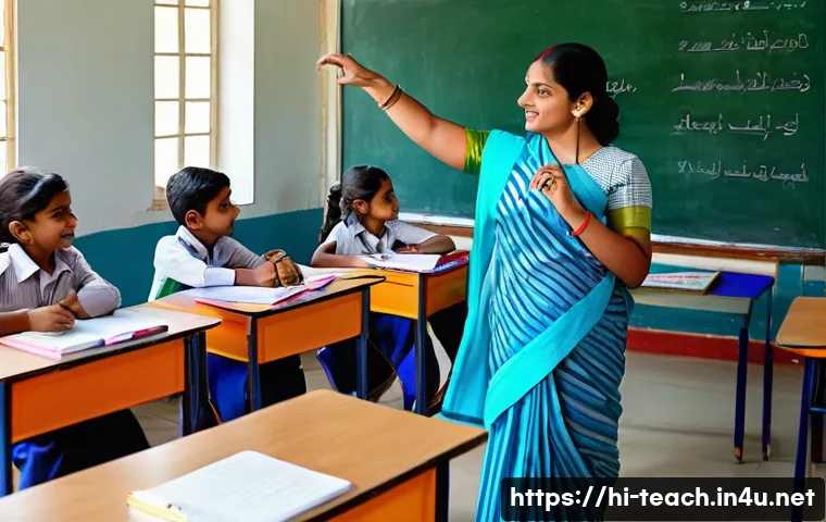 교사 직무 연수 후기 - A vibrant modern classroom scene in India with a Hindi teacher using an interactive whiteboard displ...