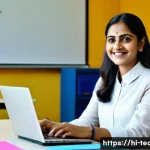교사 상급자 평가 대응법 - A confident Indian female teacher in her early 30s sitting at a desk with neatly organized digital n...