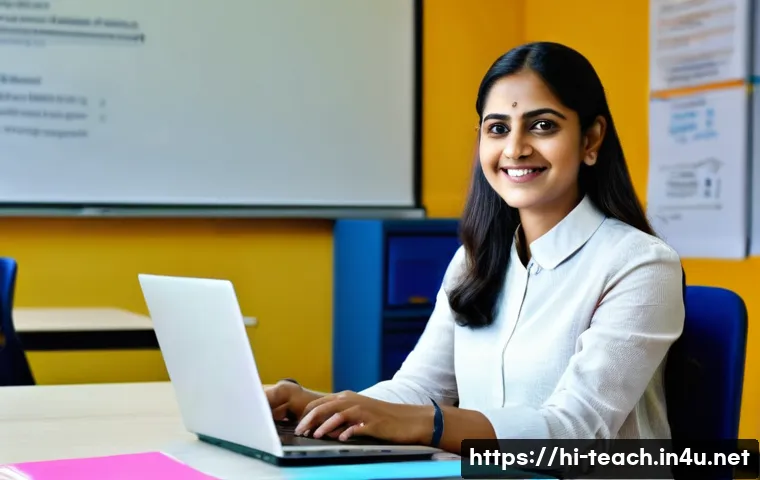 교사 상급자 평가 대응법 - A confident Indian female teacher in her early 30s sitting at a desk with neatly organized digital n...