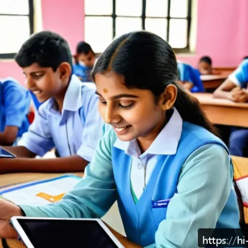 교사 블렌디드 러닝 활용 사례 - A vibrant classroom scene in India where a Hindi-speaking teacher comfortably uses a tablet and lapt...