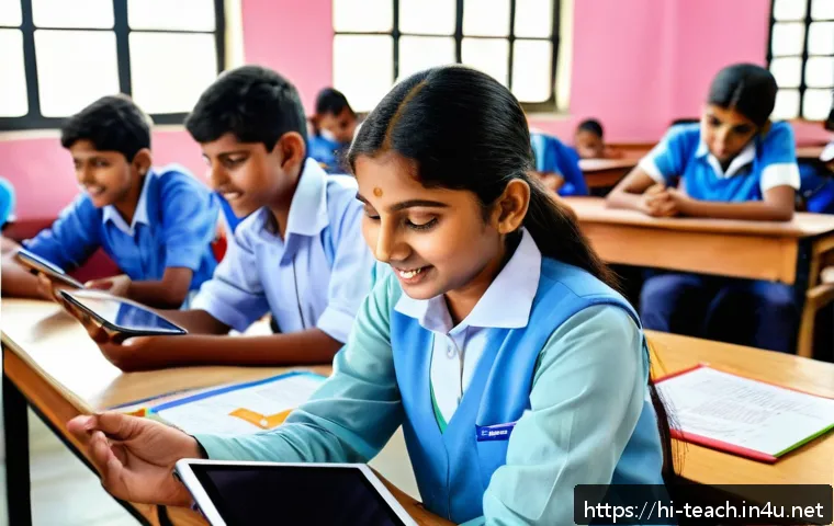 교사 블렌디드 러닝 활용 사례 - A vibrant classroom scene in India where a Hindi-speaking teacher comfortably uses a tablet and lapt...