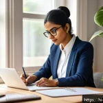 Home 22 교사 업무량 줄이는 팁 - A focused Indian teacher sitting at a wooden desk in a bright, organized home office, writing a deta...