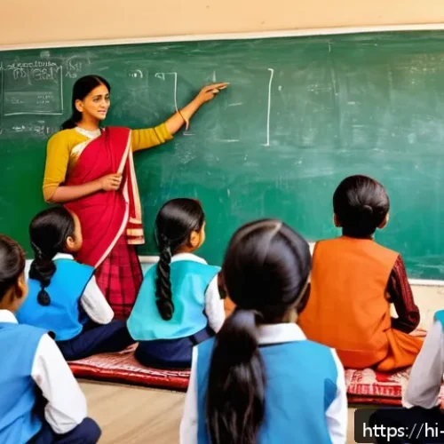 Home 33 교사 지역사회 교육 프로그램 - A vibrant classroom scene in an Indian community school where a Hindi-speaking female teacher in tra...