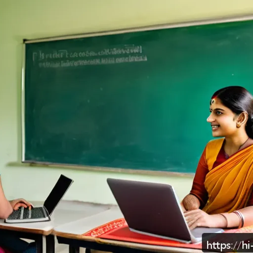 교사 교육 정책 이해하기 - A modern Indian classroom setting with a Hindi-speaking female teacher using a smartboard and digita...