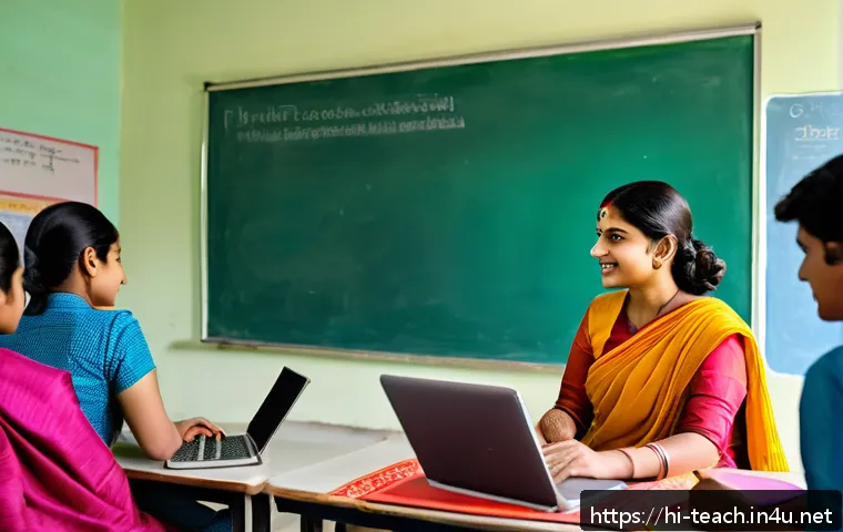 교사 교육 정책 이해하기 - A modern Indian classroom setting with a Hindi-speaking female teacher using a smartboard and digita...