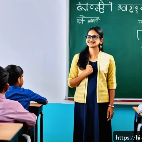 Home 30 교사 미래 직업 교육 사례 - A modern Indian classroom scene featuring a Hindi-speaking female teacher in her 30s wearing modest ...