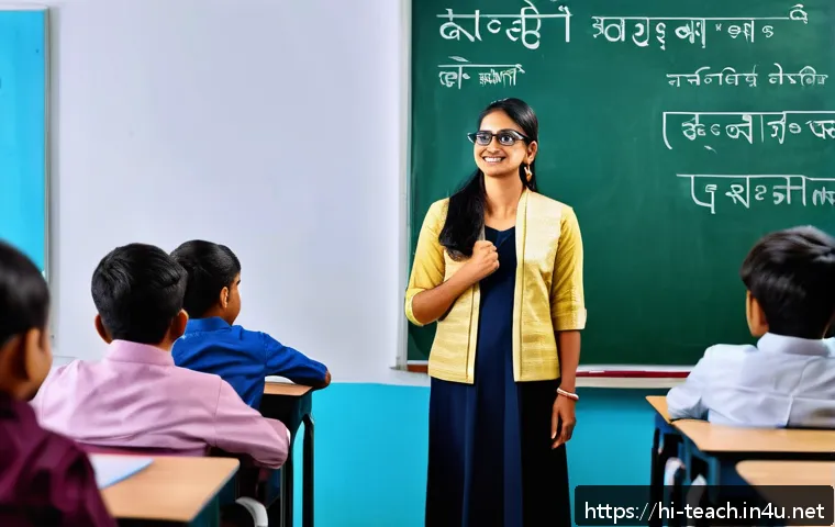 교사 미래 직업 교육 사례 - A modern Indian classroom scene featuring a Hindi-speaking female teacher in her 30s wearing modest ...