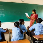 Home 23 교사 코티칭 Co Teaching 사례 - A vibrant classroom scene featuring two Indian teachers collaboratively engaging with a diverse grou...