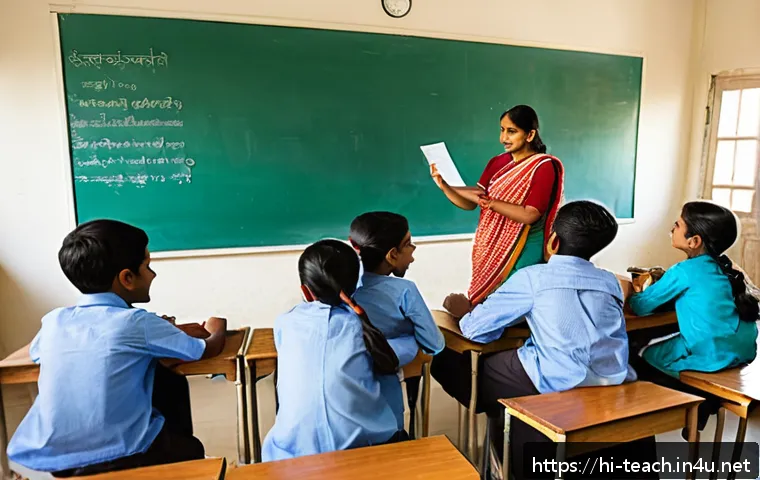 교사 코티칭 Co Teaching 사례 - A vibrant classroom scene featuring two Indian teachers collaboratively engaging with a diverse grou...