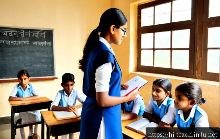 교사 실습 사례 분석 - Photorealistic Indian student teacher observing a primary classroom lesson from the back, diverse ch...