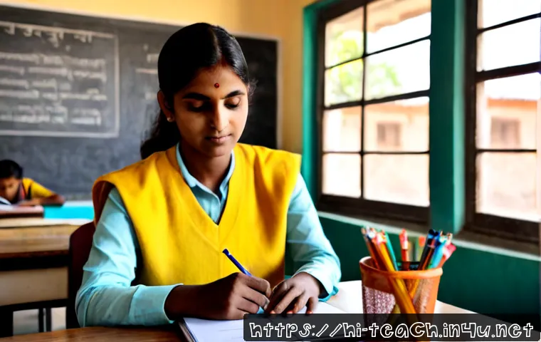 교사 실무 팁과 노하우 - Photorealistic Indian primary school teacher at a tidy classroom desk, organizing colorful lesson ma...